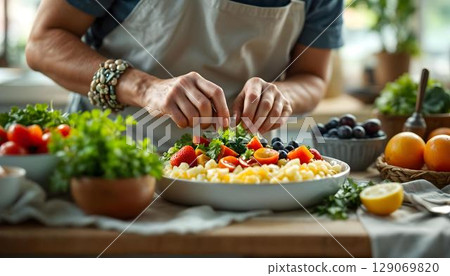 Close-up of male hands cooking pasta with fresh fruits and vegetables Close-up of male hands cooking pasta with fresh fruits and vegetables 129069820