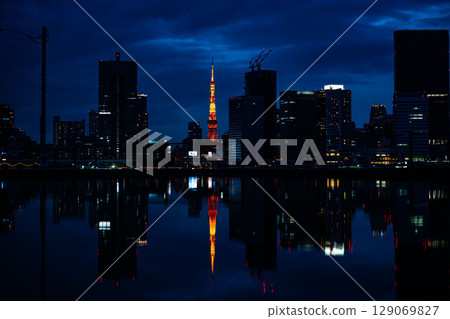 Tokyo Tower at night as seen from the Harumi Passenger Terminal before the 2020 Olympics Tokyo Tower at night as seen from the Harumi Passenger Terminal before the 2020 Olympics 129069827