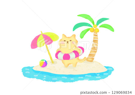 A cute cat in a swim ring enjoying the summer on a southern island. Watercolor illustration A cute cat in a swim ring enjoying the summer on a southern island. Watercolor illustration 129069834