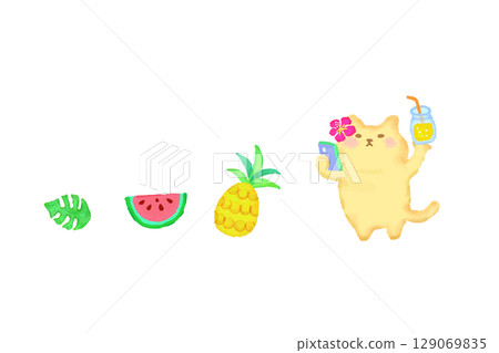 Cute cat taking a selfie with tropical juice - watercolor illustration Cute cat taking a selfie with tropical juice - watercolor illustration 129069835