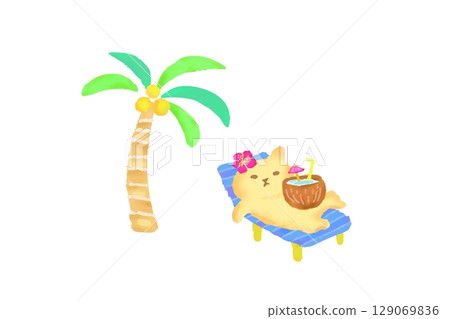 Cute cat relaxing on the beach watercolor illustration 129069836