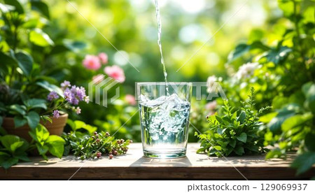 Pouring water into a glass on the background of flowers and plants Pouring water into a glass on the background of flowers and plants 129069937