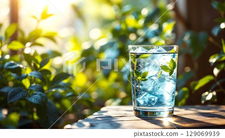 Glass of water with ice cubes and mint leaves on wooden table outdoors 129069939