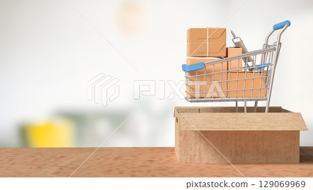 The Shopping Cart in card box for Shipping or transportation concept 3d Rendering. 129069969