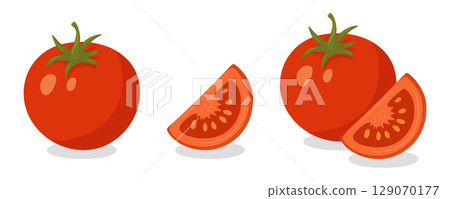 Flat Cartoon Vector Tomato Whole and Sliced for Cooking and Salad Preparation. Fresh Tomato Cut into Wedges. Organic Tomato Illustration with Seeds. Healthy Food, Vegan Menu, Culinary Design 129070177