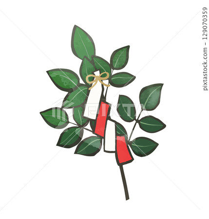 Illustration material: Hand-drawn style tamagushi (red and white paper streamers) at a shrine 129070359