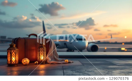 A table showcases a suitcase and lanterns, with an airplane behind, embodying the spirit of travel in Ramadan 129070376