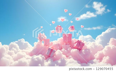 Pink gift boxes embellished with hearts drift through a blue sky, embodying love and happiness for Valentine's Day Pink gift boxes embellished with hearts drift through a blue sky, embodying love and happiness for Valentine's Day 129070455