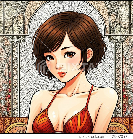 一位穿著比基尼的日本年輕女子的插圖 129070573