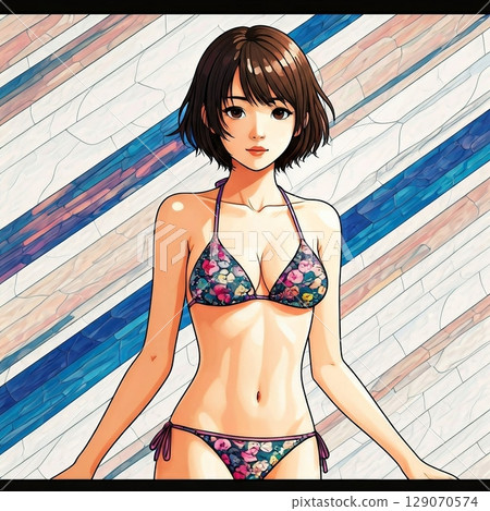 一位穿著比基尼的日本年輕女子的插圖 一位穿著比基尼的日本年輕女子的插圖 129070574