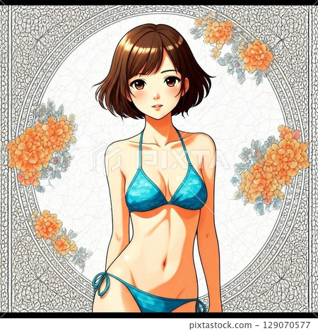 Illustration of a young Japanese woman wearing a bikini 129070577