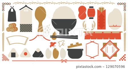 米飯和日本圖標集（無文字）秋季日本框架 | 向量 129070596