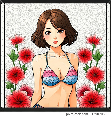 Illustration of a young Japanese woman wearing a bikini 129070638
