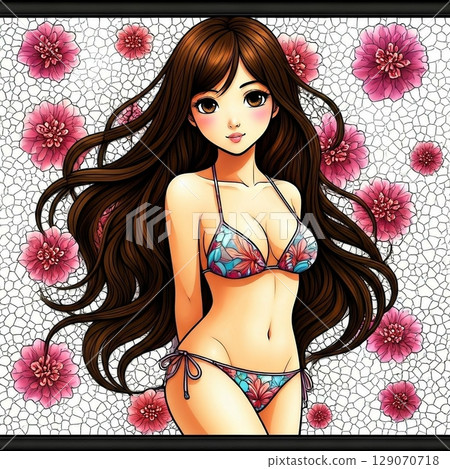 Illustration of a young Japanese woman wearing a bikini 129070718