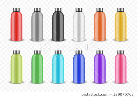 Vector 3d Blank Water Bottle Set in Multiple Colors. Sports Water Bottle for Gym, Hiking and Travel. Stainless Steel Water Bottle Collection for Fitness, Outdoor Activities, Camping, Design Template Vector 3d Blank Water Bottle Set in Multiple Colors. Sports Water Bottle for Gym, Hiking and Travel. Stainless Steel Water Bottle Collection for Fitness, Outdoor Activities, Camping, Design Template 129070762