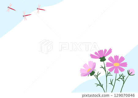 粉紅波斯菊與藍天風景插畫素材 129070846