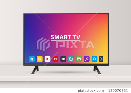 Vector 3d Realistic Smart TV, Isolated. Modern Smart TV. Realistic Smart TV for Technology Mockup. Stylish Television and Remote for App and Branding. Vector Illustration 129070861