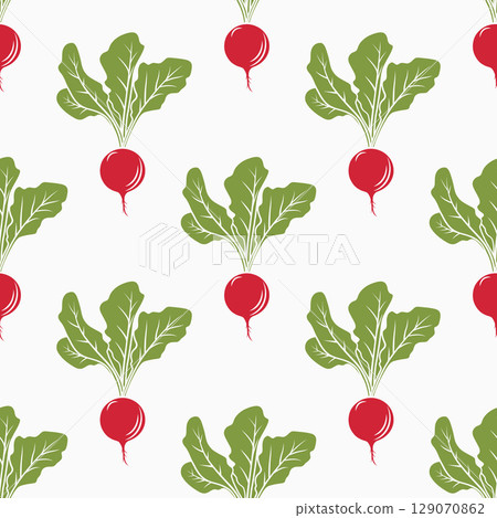 Seamless Radish Pattern, Vector Illustration. Fresh Vegetable Background for Vegan Food, Healthy Organic Farm Produce, Salad Ingredients, Kitchen Textile, Gardening, Agriculture Design, Wallpaper Seamless Radish Pattern, Vector Illustration. Fresh Vegetable Background for Vegan Food, Healthy Organic Farm Produce, Salad Ingredients, Kitchen Textile, Gardening, Agriculture Design, Wallpaper 129070862