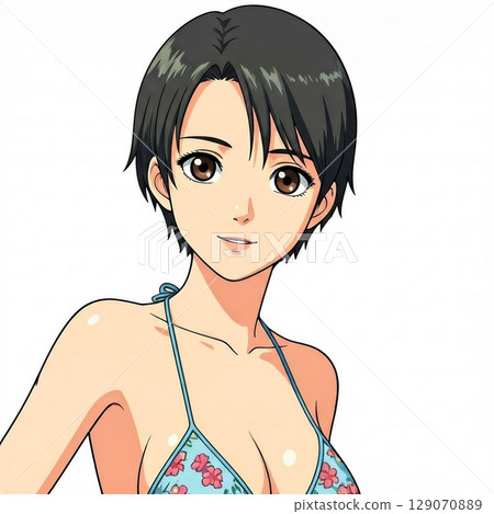 Illustration of a young Japanese woman wearing a bikini 129070889