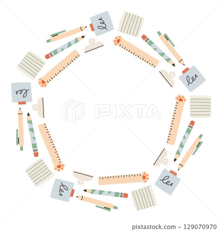 Simple school circle frame. Round school themed border made of different school objects. Soft pastel colors back to school hand drawn vector banner isolated on white background. 129070970