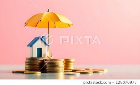 A model home featuring an umbrella over a group of coins, depicting the protective role of insurance in financial planning A model home featuring an umbrella over a group of coins, depicting the protective role of insurance in financial planning 129070975