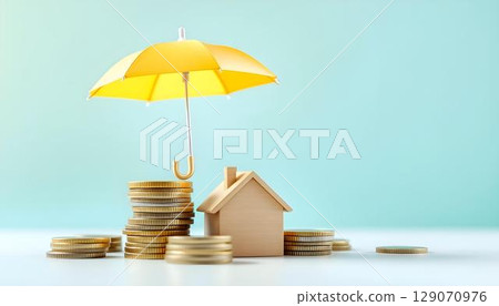 A house model placed under an umbrella on a heap of coins, demonstrating how insurance acts as a financial safeguard A house model placed under an umbrella on a heap of coins, demonstrating how insurance acts as a financial safeguard 129070976