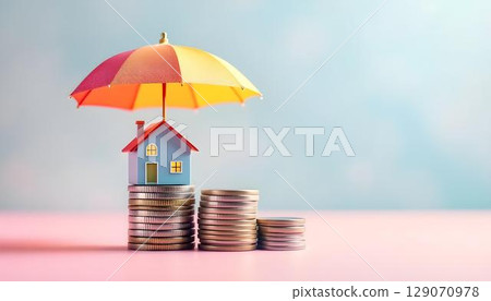A small house with an umbrella sitting atop a mound of coins, representing the financial security that insurance provides A small house with an umbrella sitting atop a mound of coins, representing the financial security that insurance provides 129070978