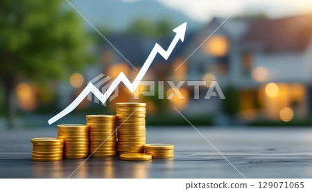 A table showcases golden coins and an upward arrow, representing real estate investment, with a house in the background 129071065