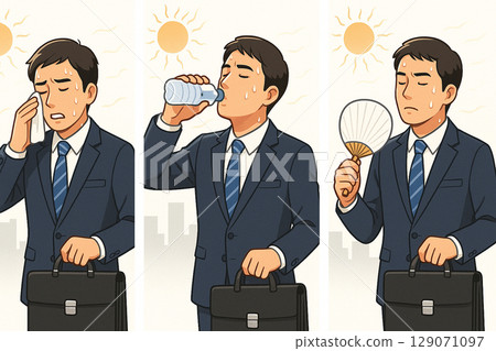 一名商人在熱浪中採取措施預防中暑 129071097