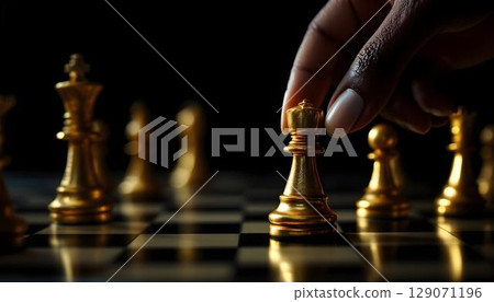 A chessboard featuring golden pieces, embodying the principles of strategy and competition in the business world 129071196