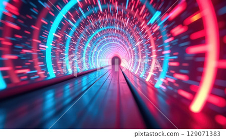 Exploding Neon Light Rays Form Sci-Fi Corridor 129071383