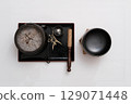 Buddhist altar equipment seen from directly above 129071448