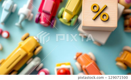 A vibrant blue backdrop displaying wooden toy cars alongside a percentage symbol, emphasizing insurance options for children 129071500