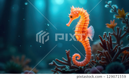 Digital Seahorse Surrounded By Glowing Underwater Flora 129071559
