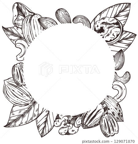 Vector round frame of cashew nuts, almonds, walnuts, pecans, leaves. All objects are hand-drawn with ink. The illustration is suitable for printing on fabric, paper, tableware and kitchen textiles. Vector round frame of cashew nuts, almonds, walnuts, pecans, leaves. All objects are hand-drawn with ink. The illustration is suitable for printing on fabric, paper, tableware and kitchen textiles. 129071870