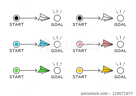Paper airplanes in various colors flying from the start to the finish line 129071877