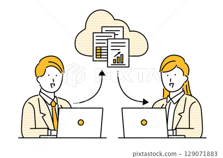 一位商人和一位女商人使用雲端交換資料的插圖 129071883