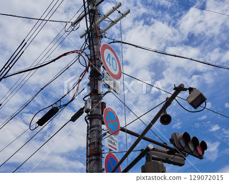 Electric poles and power lines in a Japanese city on a summer day 129072015