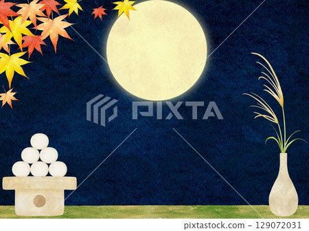 Watercolor illustration of a full moon, moon viewing dumplings, and Japanese pampas grass 129072031