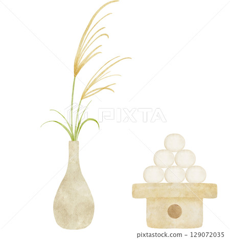 Watercolor illustration of moon viewing dumplings and Japanese pampas grass 129072035