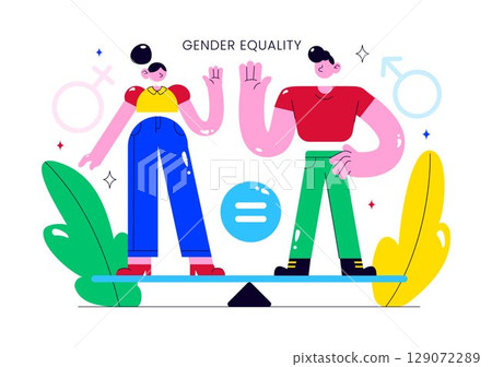 Gender Equality Illustration Featuring Male and Female Characters on a Balanced Scale Representing Equal Rights and Opportunities in a Background 129072289