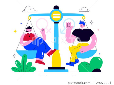 Gender Equality Illustration Featuring Male and Female Characters on a Balanced Scale Representing Equal Rights and Opportunities in a Background 129072291
