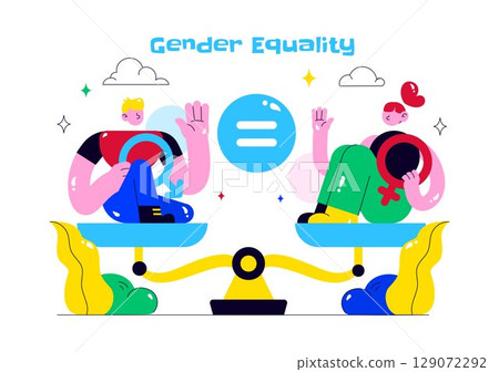 Gender Equality Illustration Featuring Male and Female Characters on a Balanced Scale Representing Equal Rights and Opportunities in a Background 129072292