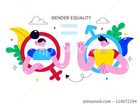 Gender Equality Illustration Featuring Male and Female Characters on a Balanced Scale Representing Equal Rights and Opportunities in a Background 129072294