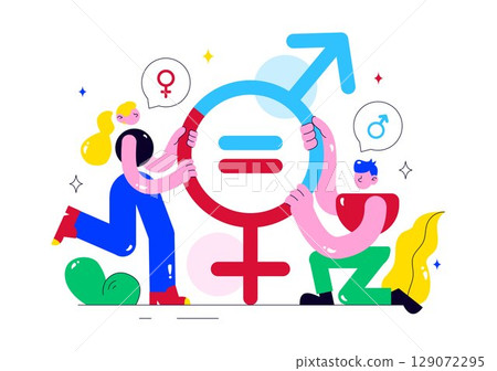 Gender Equality Illustration Featuring Male and Female Characters on a Balanced Scale Representing Equal Rights and Opportunities in a Background 129072295