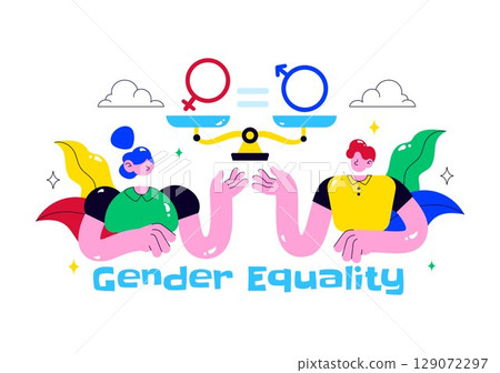 Gender Equality Illustration Featuring Male and Female Characters on a Balanced Scale Representing Equal Rights and Opportunities in a Background 129072297