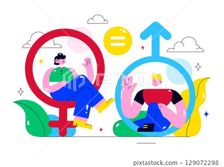 Gender Equality Illustration Featuring Male and Female Characters on a Balanced Scale Representing Equal Rights and Opportunities in a Background Gender Equality Illustration Featuring Male and Female Characters on a Balanced Scale Representing Equal Rights and Opportunities in a Background 129072298