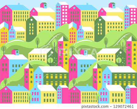 Bright Pastel Cityscape with Hills and Buildings in Flat Vector Style Bright Pastel Cityscape with Hills and Buildings in Flat Vector Style 129072461