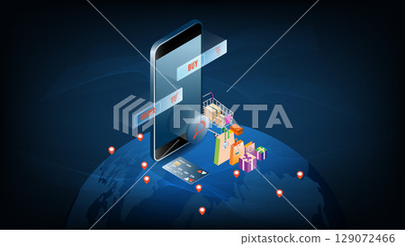 Shopping online template for website, mobile application, web banner, info graphics or discount coupons. Vector illustration Shopping online template for website, mobile application, web banner, info graphics or discount coupons. Vector illustration 129072466