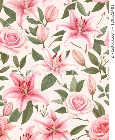 Seamless pink floral pattern featuring a vintage blossom design perfect for summer textile or spring wallpaper 129072481
